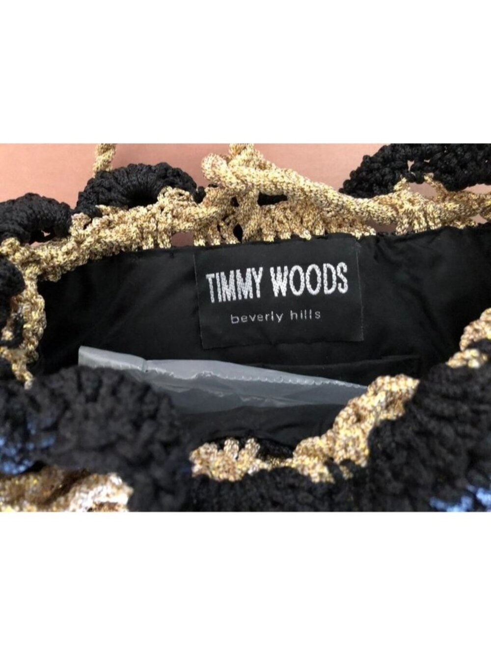 Timmy Woods Beverly Hills Vintage Black Crochet Woven Bucket Bag with Gold Bow - Picture 3 of 3